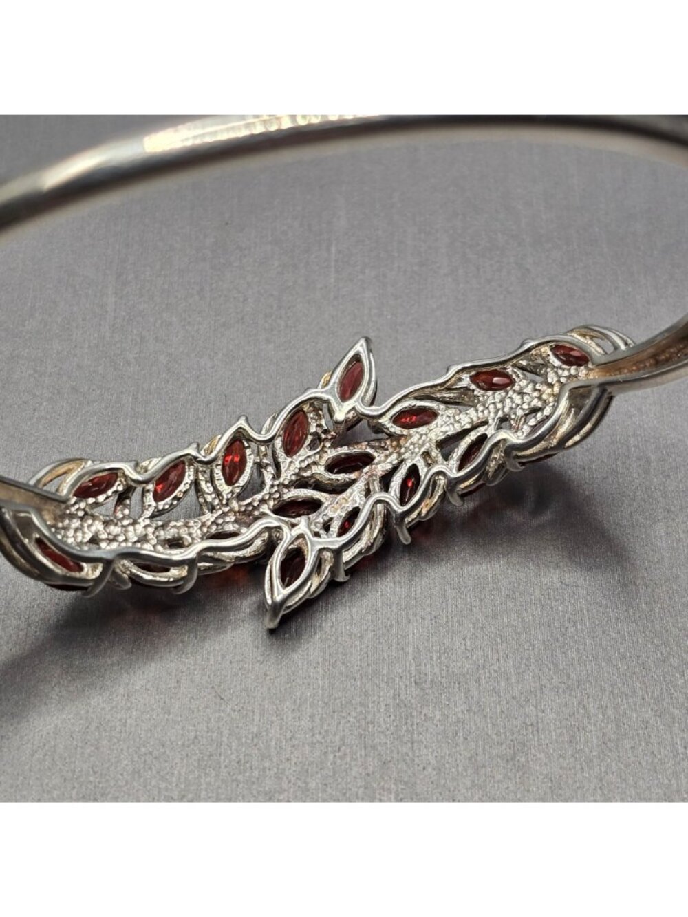 Sterling Silver Garnet Marquise Hinged Bangle Bracelet 7.25" Vintage Style 925 - Picture 4 of 11